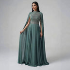 Luxury Nude Chiffon Beaded Evening Dress with Cape LA73144