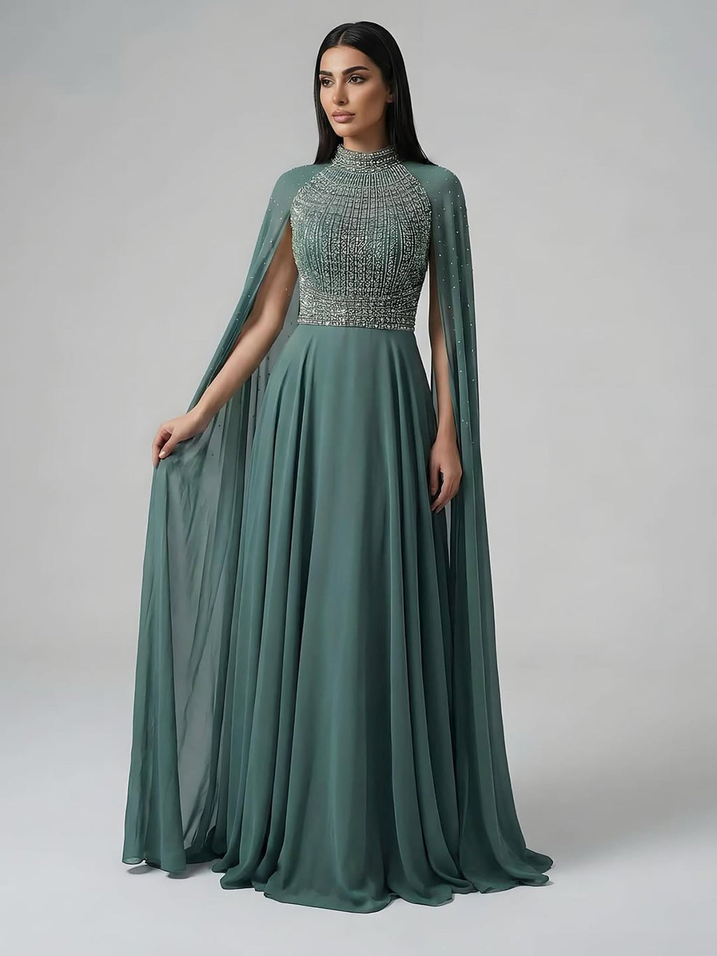 Luxury Nude Chiffon Beaded Evening Dress with Cape LA73144