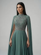 Luxury Nude Chiffon Beaded Evening Dress with Cape LA73144