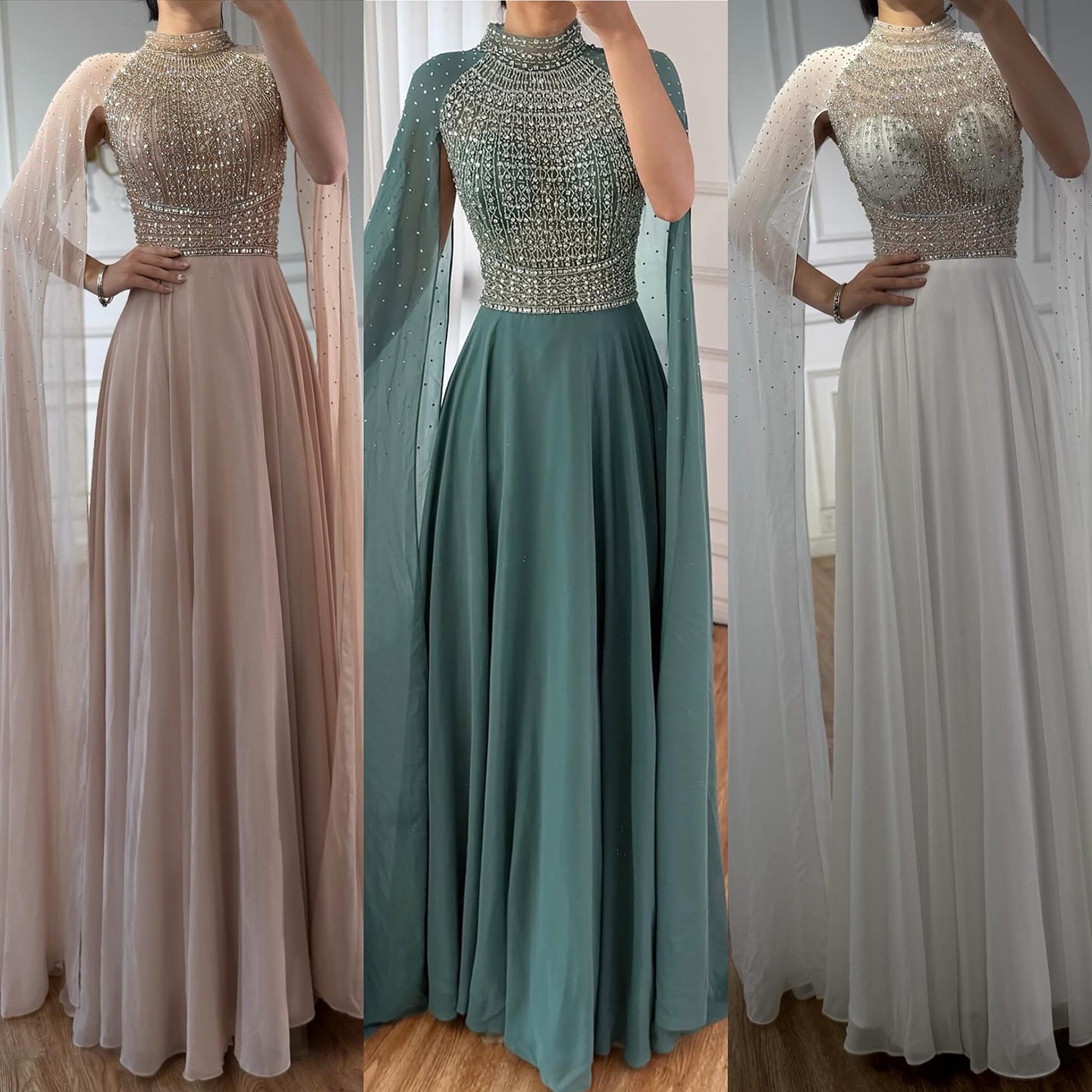 Luxury Nude Chiffon Beaded Evening Dress with Cape LA73144