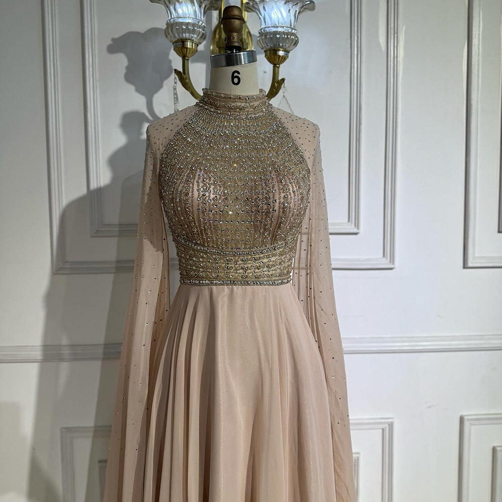 Luxury Nude Chiffon Beaded Evening Dress with Cape LA73144