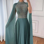 Luxury Nude Chiffon Beaded Evening Dress with Cape LA73144