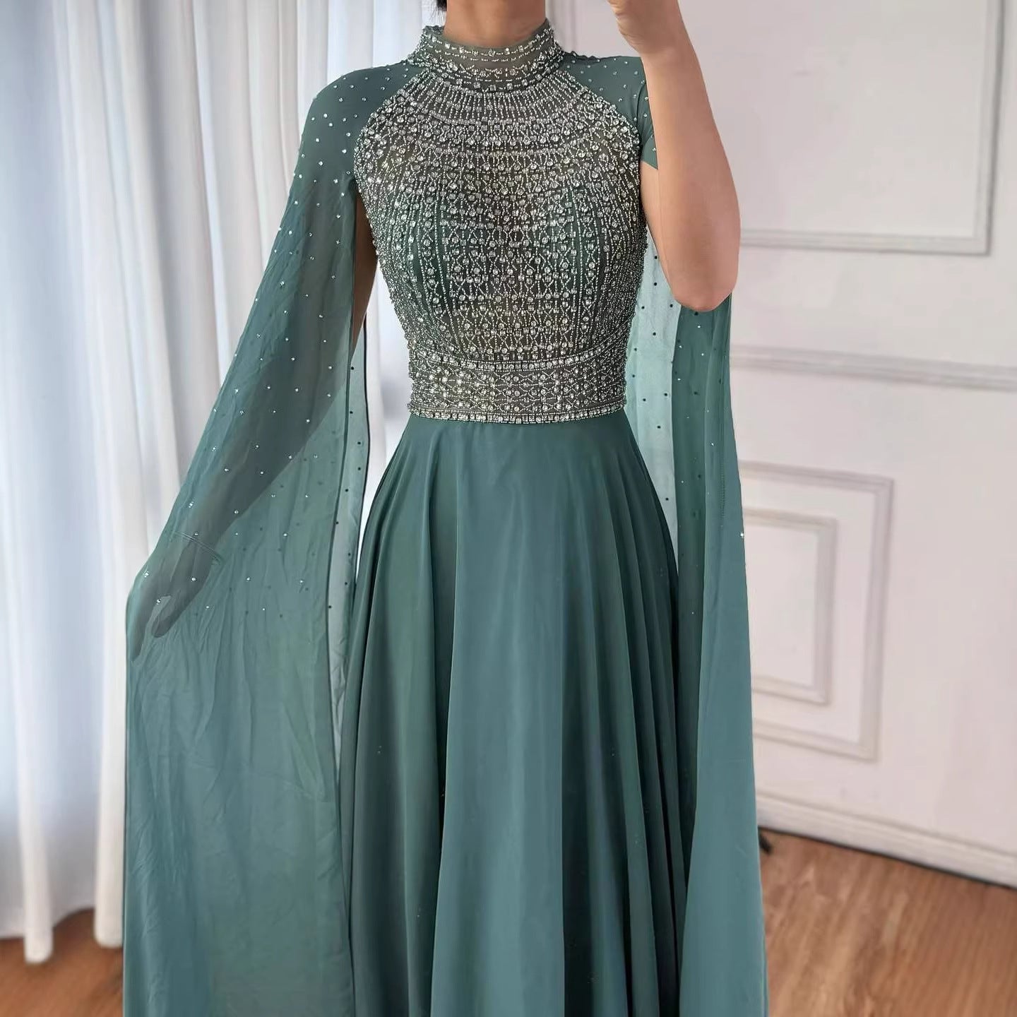 Luxury Nude Chiffon Beaded Evening Dress with Cape LA73144