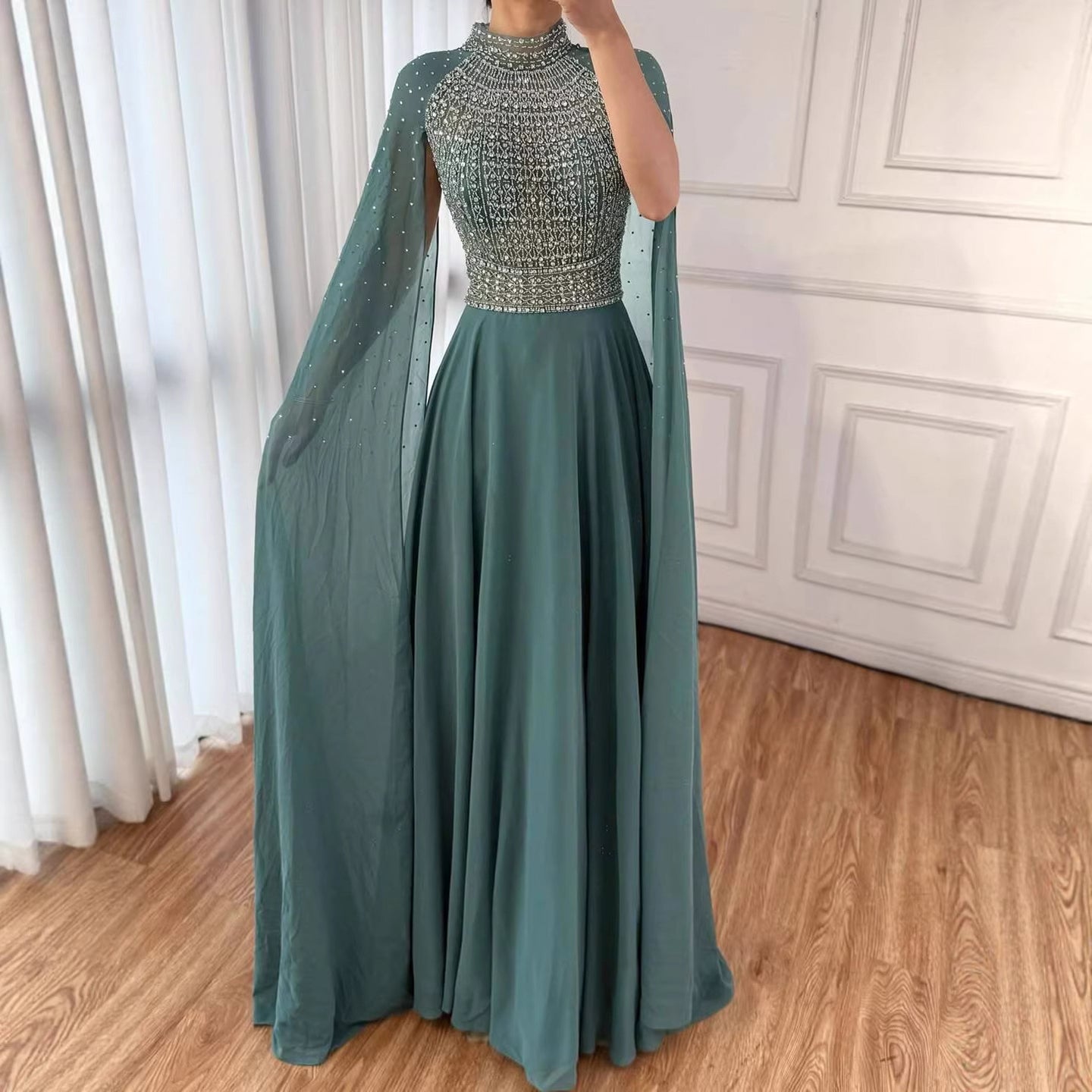 Luxury Nude Chiffon Beaded Evening Dress with Cape LA73144