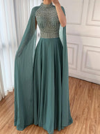 Luxury Nude Chiffon Beaded Evening Dress with Cape LA73144