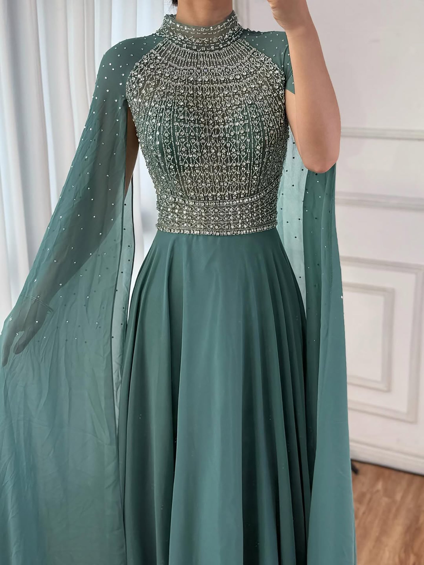 Luxury Nude Chiffon Beaded Evening Dress with Cape LA73144