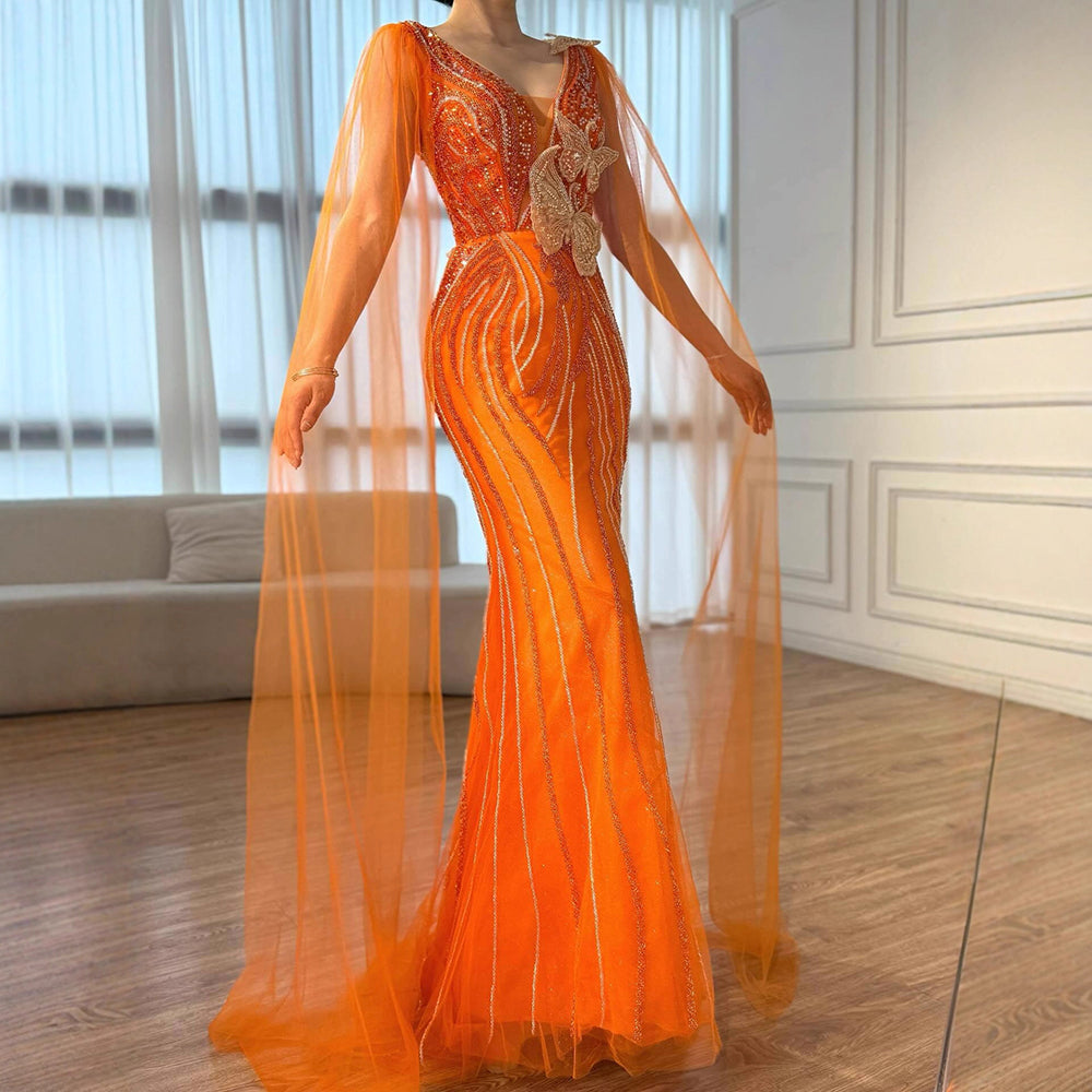 Luxury Orange Cap Sleeves V Neck Beaded Mermaid Evening Dress LA73146