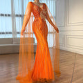 Luxury Orange Cap Sleeves V Neck Beaded Mermaid Evening Dress LA73146