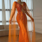 Luxury Orange Cap Sleeves V Neck Beaded Mermaid Evening Dress LA73146