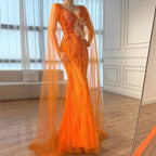Luxury Orange Cap Sleeves V Neck Beaded Mermaid Evening Dress LA73146