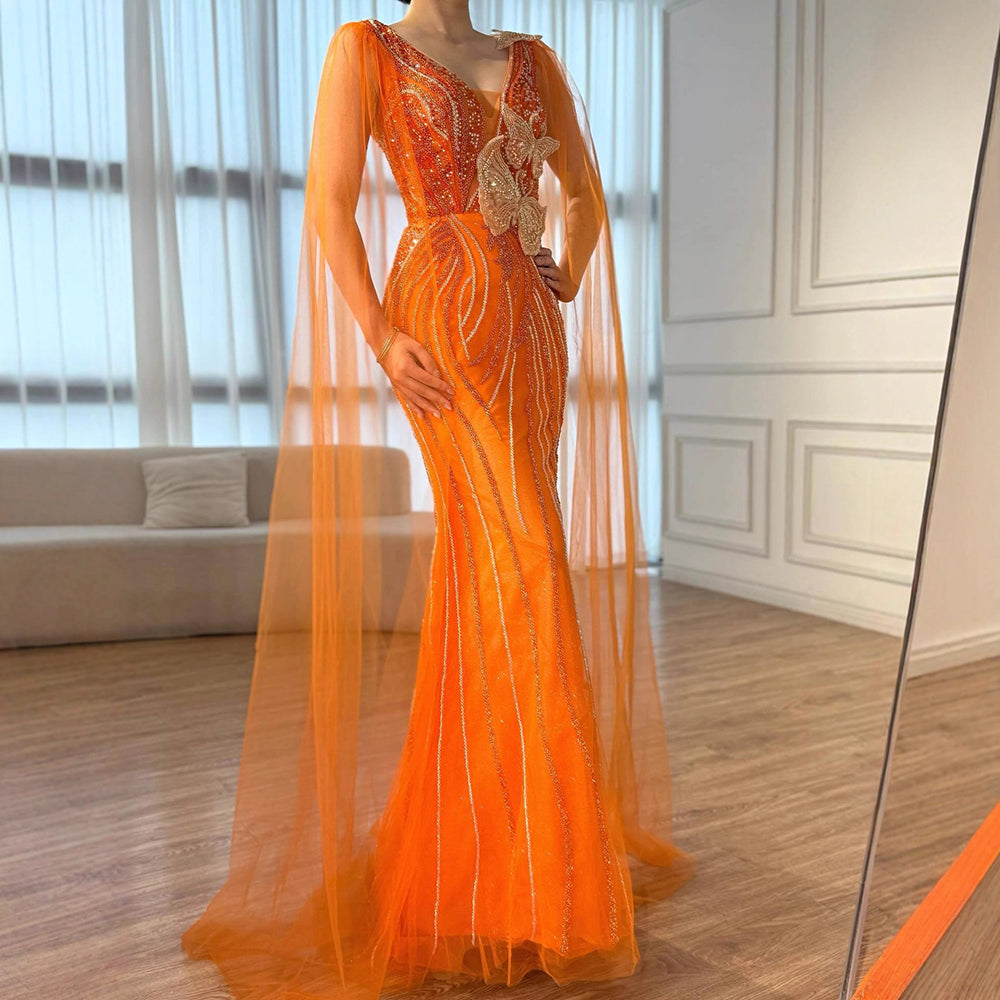 Luxury Orange Cap Sleeves V Neck Beaded Mermaid Evening Dress LA73146