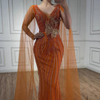 Luxury Orange Cap Sleeves V Neck Beaded Mermaid Evening Dress LA73146