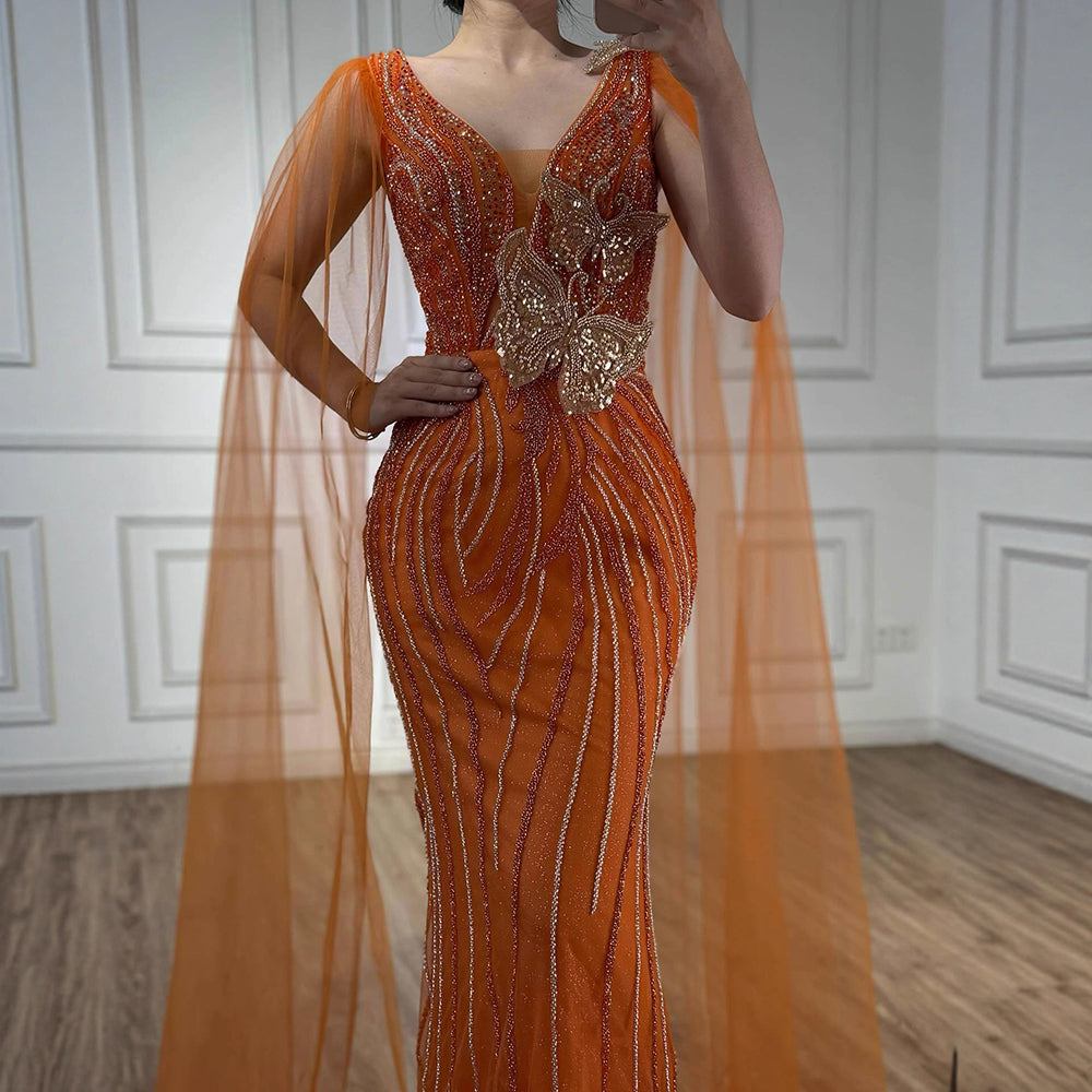 Luxury Orange Cap Sleeves V Neck Beaded Mermaid Evening Dress LA73146