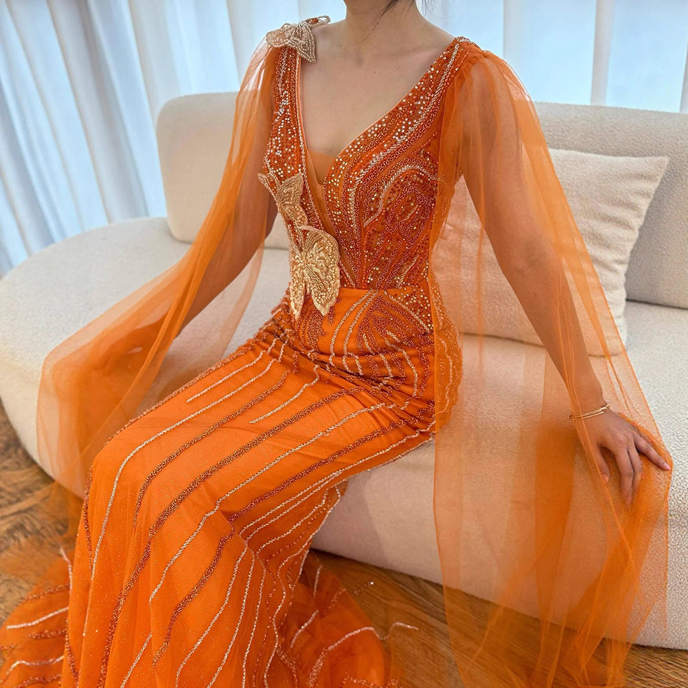 Luxury Orange Cap Sleeves V Neck Beaded Mermaid Evening Dress LA73146