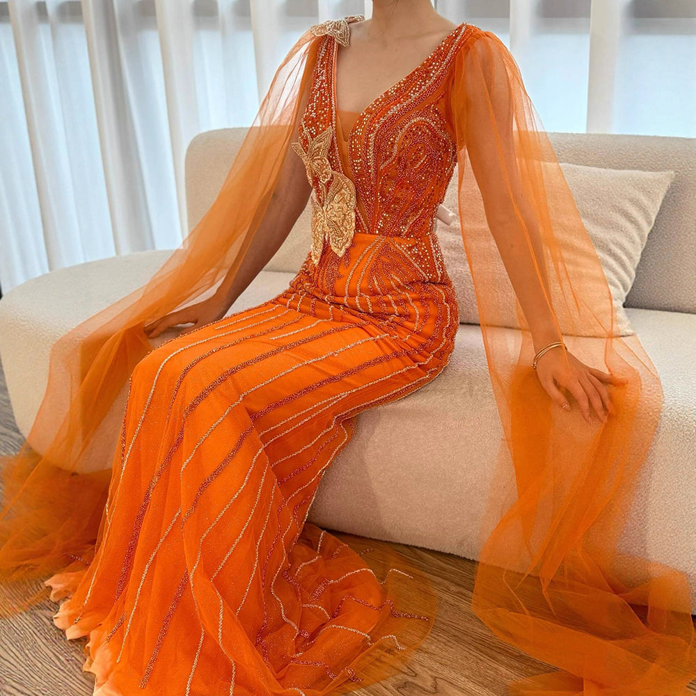 Luxury Orange Cap Sleeves V Neck Beaded Mermaid Evening Dress LA73146