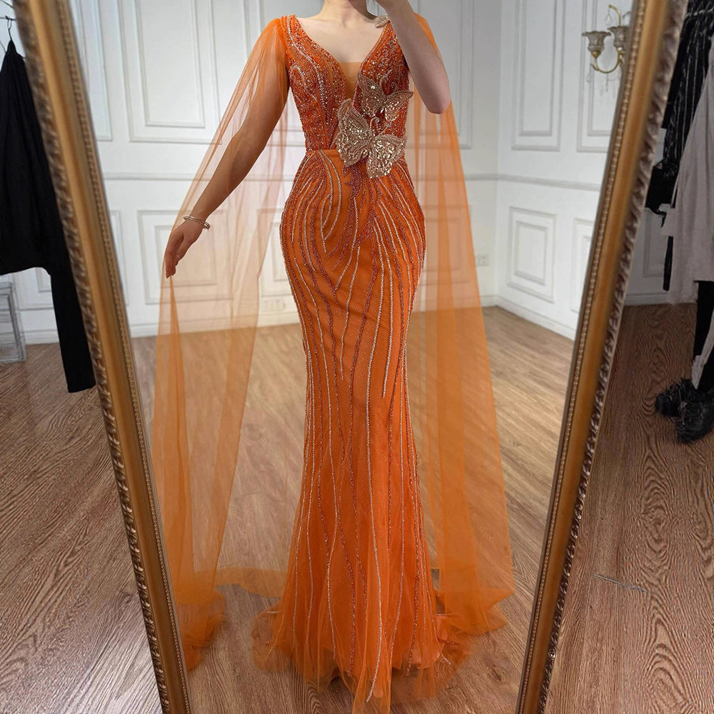 Luxury Orange Cap Sleeves V Neck Beaded Mermaid Evening Dress LA73146