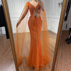 Luxury Orange Cap Sleeves V Neck Beaded Mermaid Evening Dress LA73146