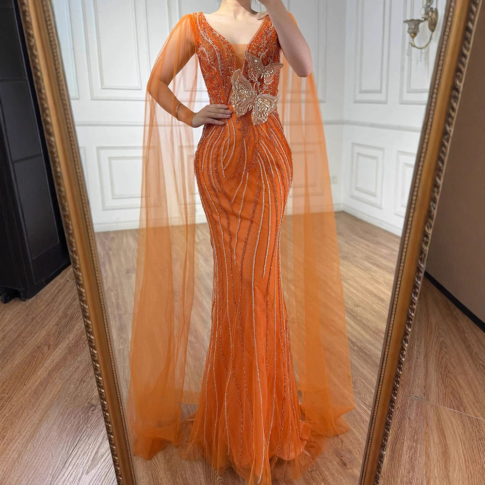 Luxury Orange Cap Sleeves V Neck Beaded Mermaid Evening Dress LA73146