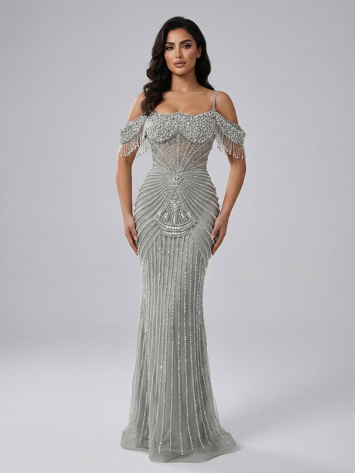Luxury Sage Green Pearls Beaded Mermaid Evening Dress Off Shoulder CLA73148
