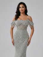 Luxury Sage Green Pearls Beaded Mermaid Evening Dress Off Shoulder CLA73148