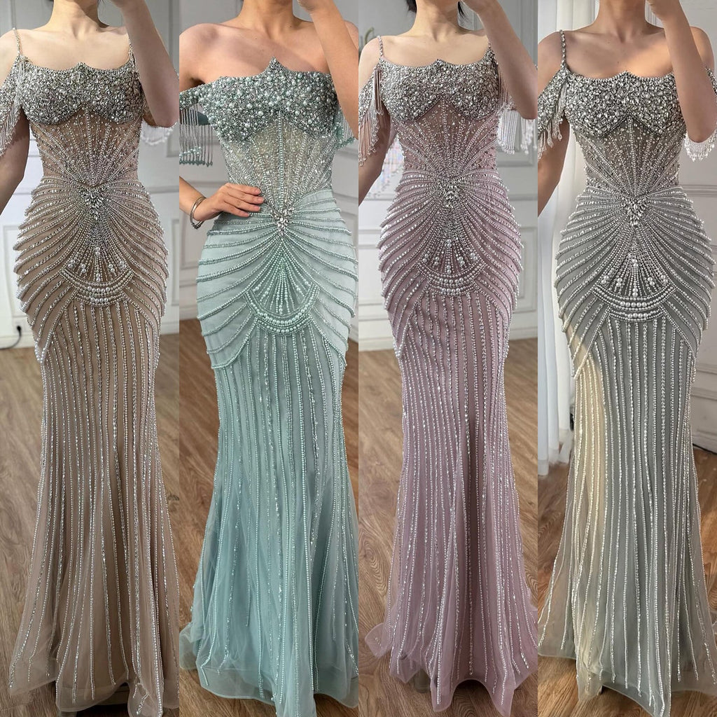 Luxury Sage Green Pearls Beaded Mermaid Evening Dress Off Shoulder CLA73148