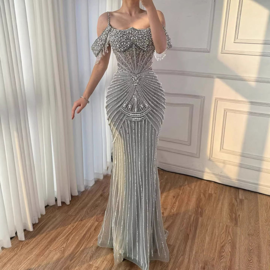 Luxury Sage Green Pearls Beaded Mermaid Evening Dress Off Shoulder CLA73148