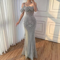 Luxury Sage Green Pearls Beaded Mermaid Evening Dress Off Shoulder CLA73148
