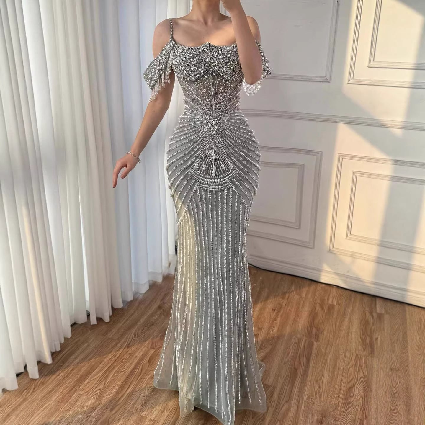 Luxury Sage Green Pearls Beaded Mermaid Evening Dress Off Shoulder CLA73148
