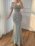 Luxury Sage Green Pearls Beaded Mermaid Evening Dress Off Shoulder CLA73148