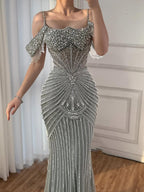 Luxury Sage Green Pearls Beaded Mermaid Evening Dress Off Shoulder CLA73148