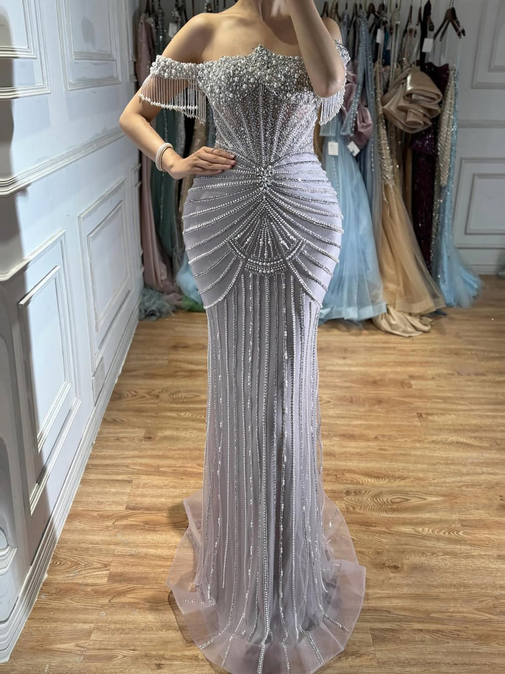 Luxury Sage Green Pearls Beaded Mermaid Evening Dress Off Shoulder CLA73148