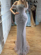 Luxury Sage Green Pearls Beaded Mermaid Evening Dress Off Shoulder CLA73148