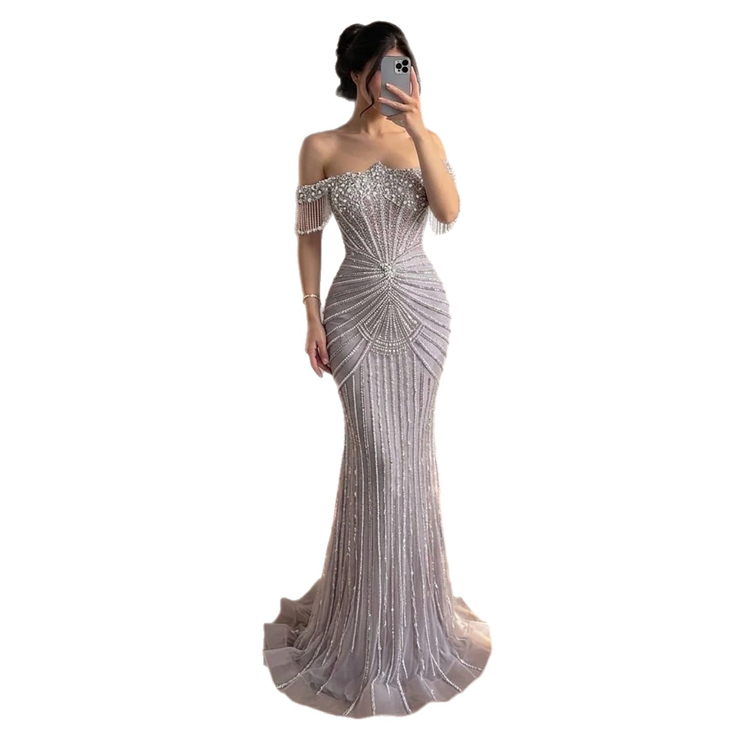 Luxury Sage Green Pearls Beaded Mermaid Evening Dress Off Shoulder CLA73148