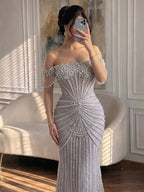Luxury Sage Green Pearls Beaded Mermaid Evening Dress Off Shoulder CLA73148
