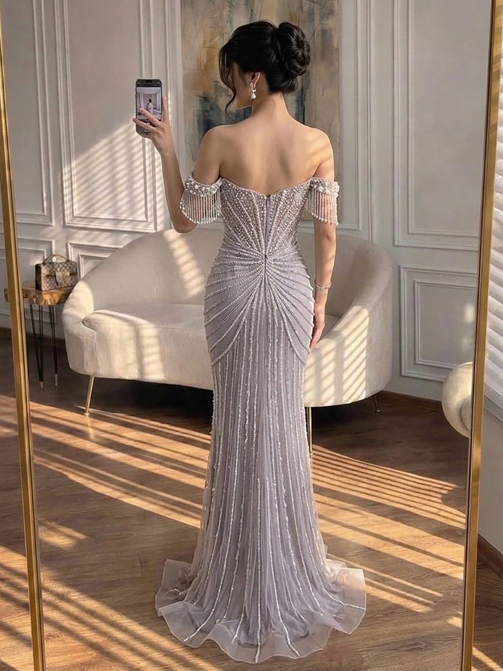 Luxury Sage Green Pearls Beaded Mermaid Evening Dress Off Shoulder CLA73148