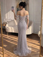 Luxury Sage Green Pearls Beaded Mermaid Evening Dress Off Shoulder CLA73148