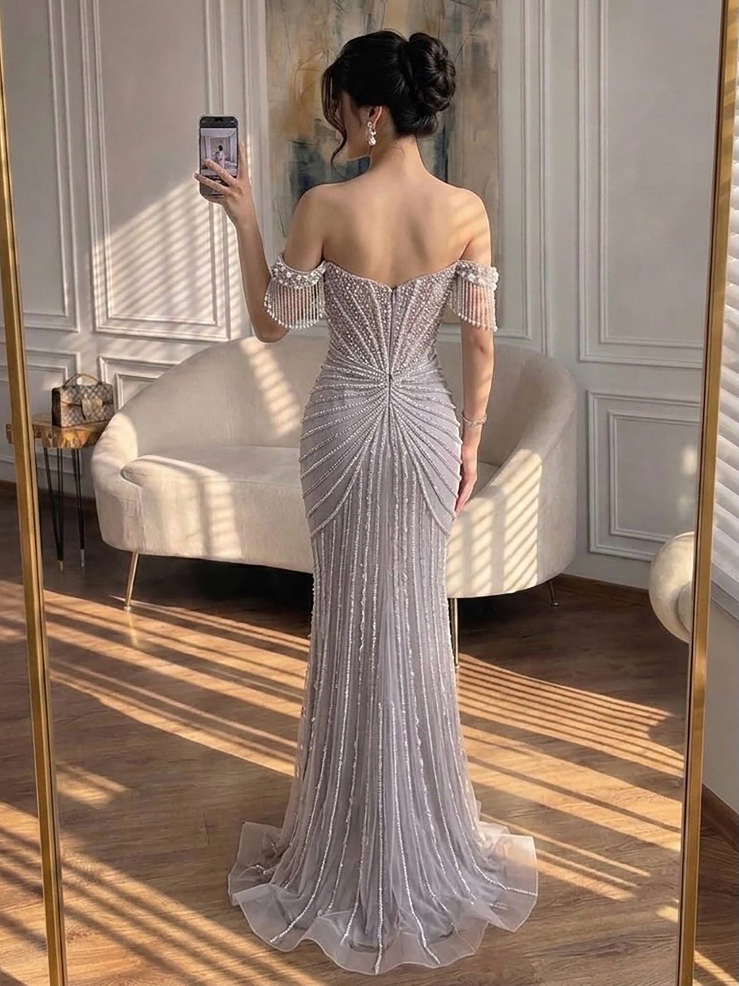 Luxury Sage Green Pearls Beaded Mermaid Evening Dress Off Shoulder CLA73148