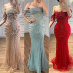 Luxury Nude Pearls Beaded Mermaid Evening Dress Off Shoulder CLA73148A