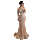 Luxury Nude Pearls Beaded Mermaid Evening Dress Off Shoulder CLA73148A