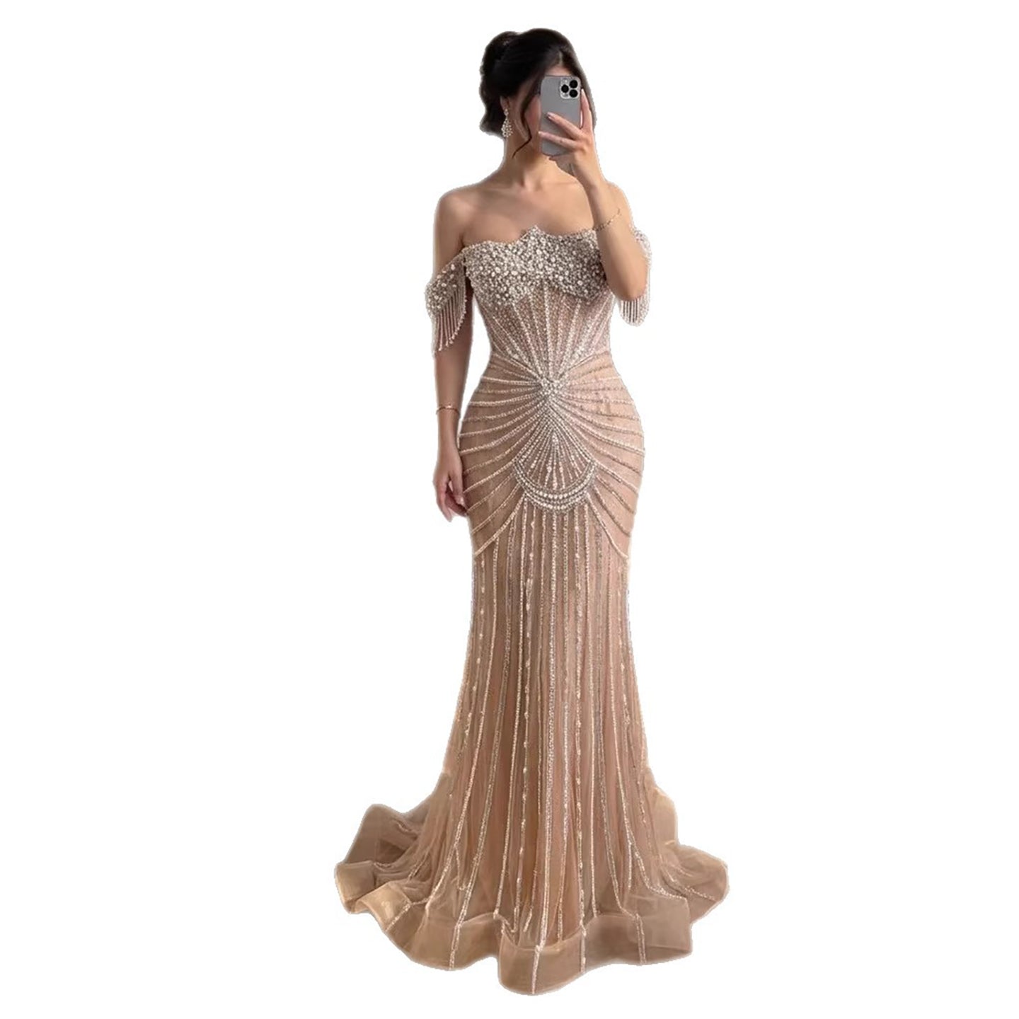 Luxury Nude Pearls Beaded Mermaid Evening Dress Off Shoulder CLA73148A