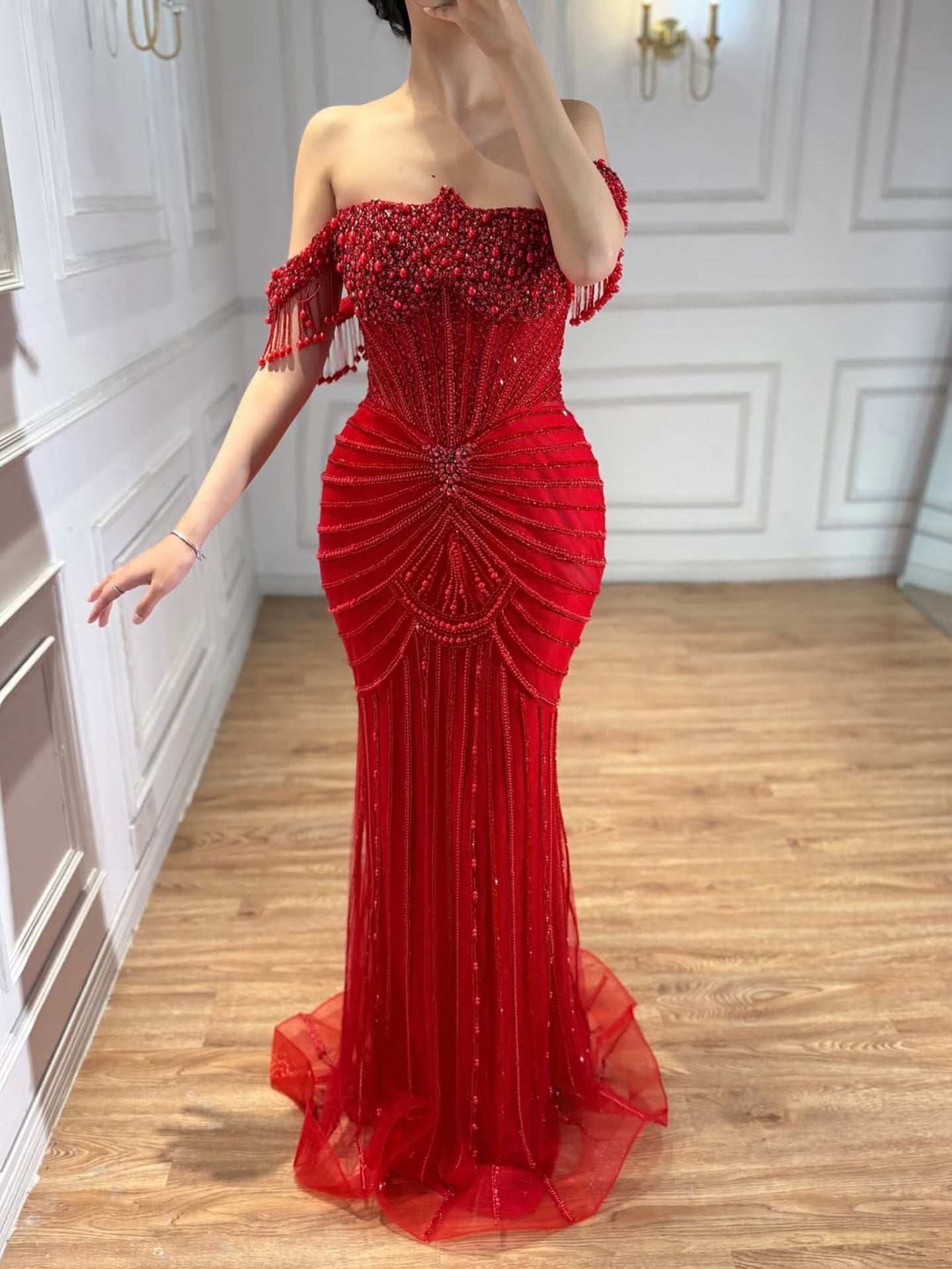 Luxury Nude Pearls Beaded Mermaid Evening Dress Off Shoulder CLA73148A