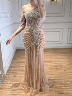 Luxury Nude Pearls Beaded Mermaid Evening Dress Off Shoulder CLA73148A