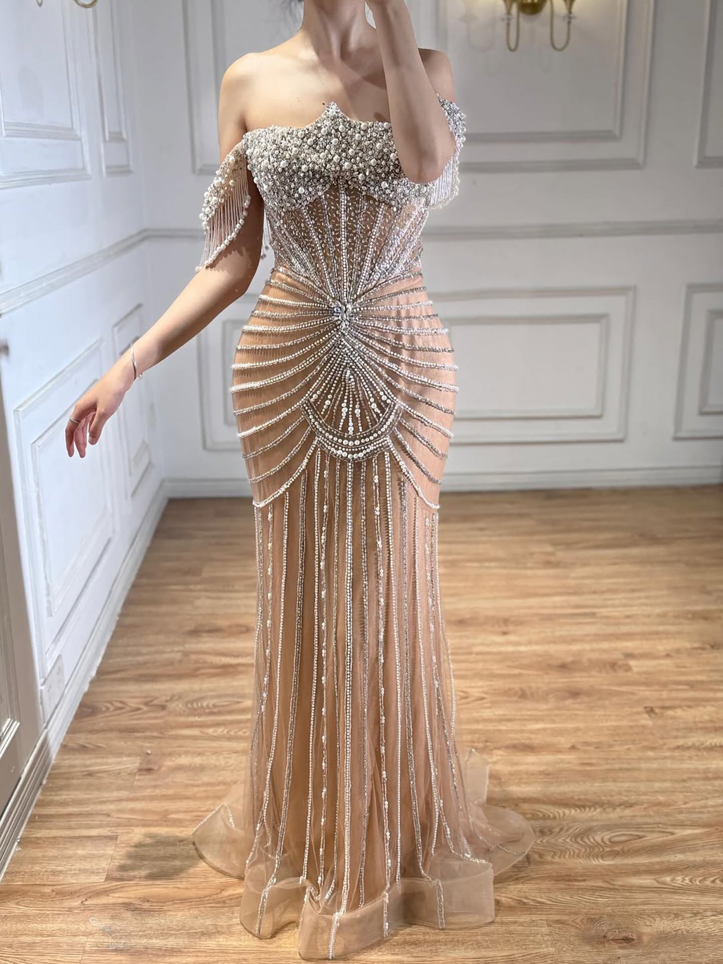 Luxury Nude Pearls Beaded Mermaid Evening Dress Off Shoulder CLA73148A