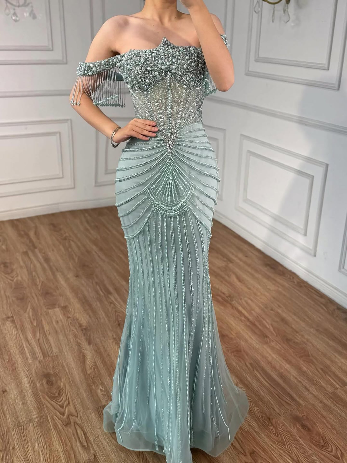 Luxury Nude Pearls Beaded Mermaid Evening Dress Off Shoulder CLA73148A