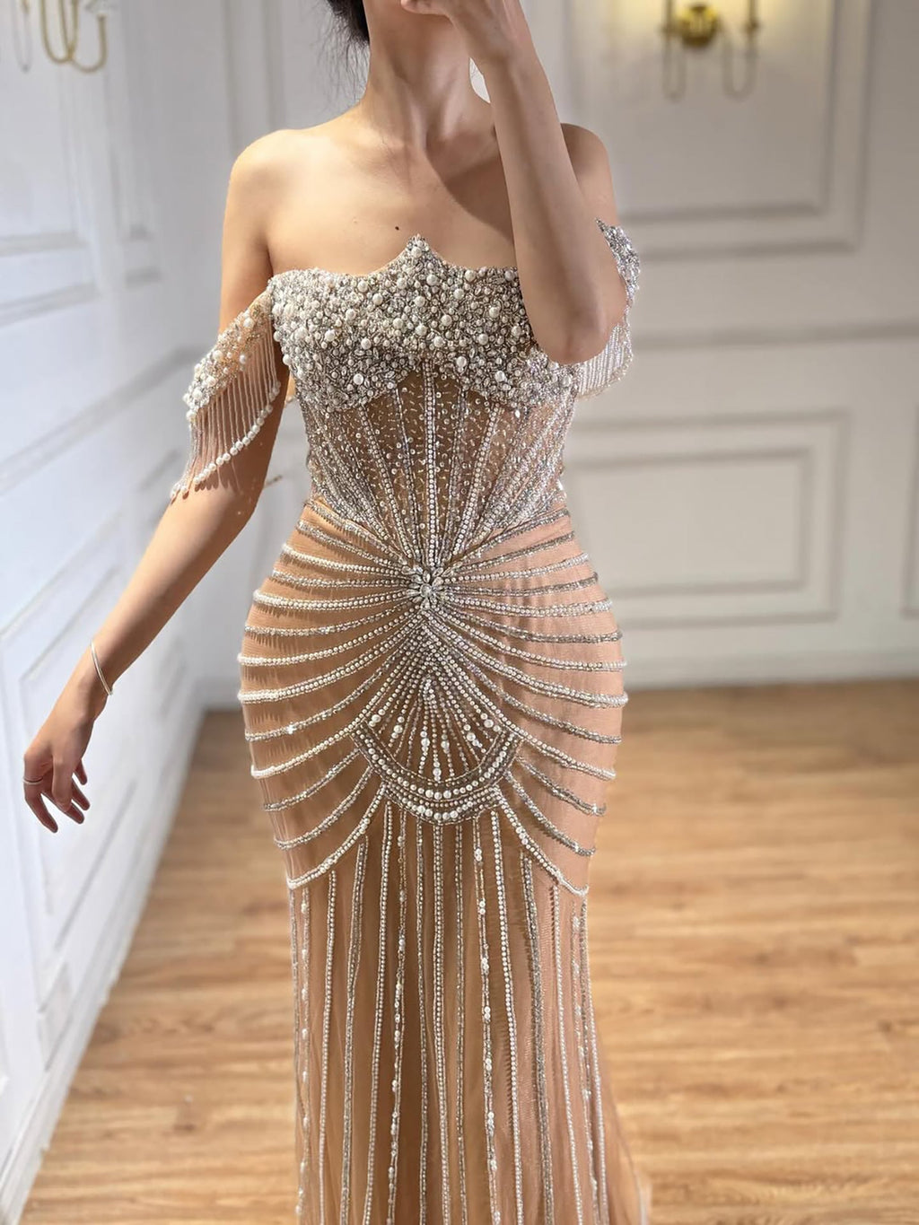 Luxury Nude Pearls Beaded Mermaid Evening Dress Off Shoulder CLA73148A