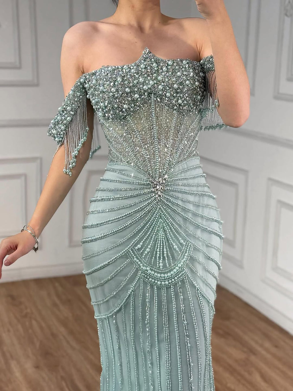 Luxury Nude Pearls Beaded Mermaid Evening Dress Off Shoulder CLA73148A