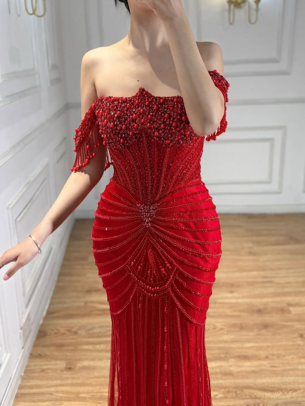 Luxury Nude Pearls Beaded Mermaid Evening Dress Off Shoulder CLA73148A