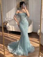 Luxury Nude Pearls Beaded Mermaid Evening Dress Off Shoulder CLA73148A