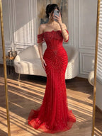 Luxury Nude Pearls Beaded Mermaid Evening Dress Off Shoulder CLA73148A