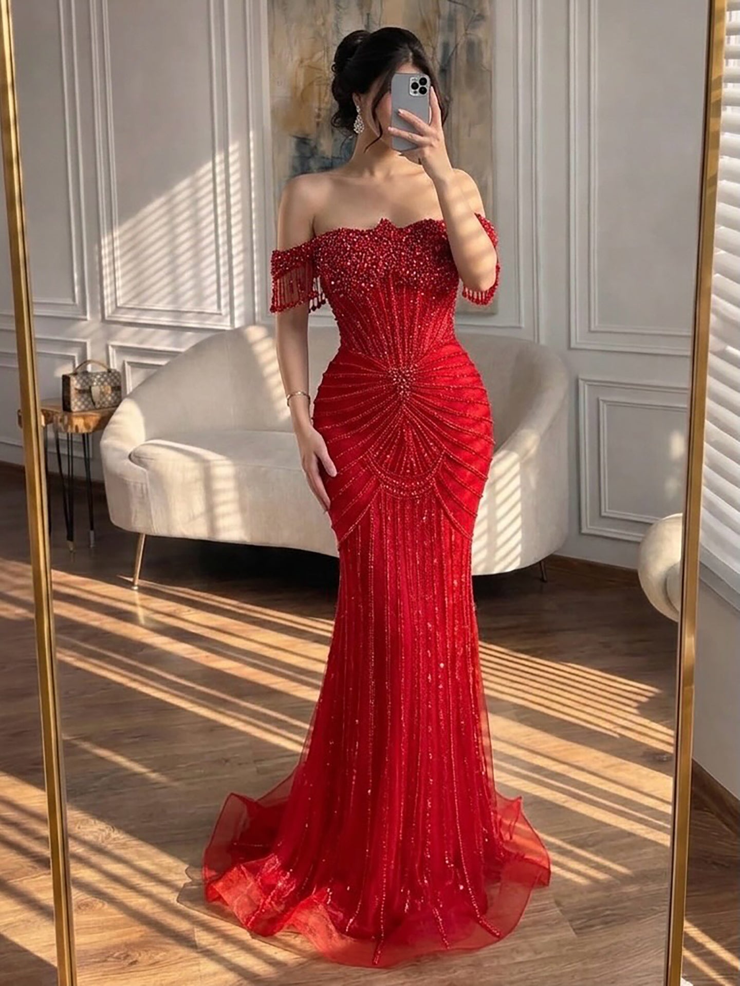 Luxury Nude Pearls Beaded Mermaid Evening Dress Off Shoulder CLA73148A